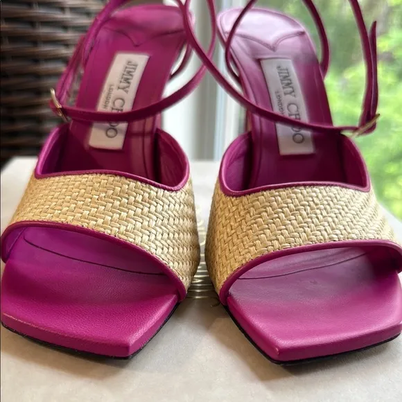Jimmy Choo Zula 100 Magenta and Tan Leather Trimmed Raffia Heeled Sandals