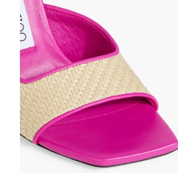 Jimmy Choo Zula 100 Magenta and Tan Leather Trimmed Raffia Heeled Sandals