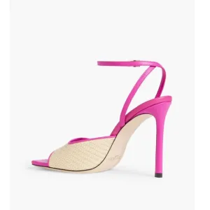 Jimmy Choo Zula 100 Magenta and Tan Leather Trimmed Raffia Heeled Sandals