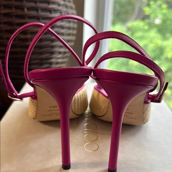 Jimmy Choo Zula 100 Magenta and Tan Leather Trimmed Raffia Heeled Sandals