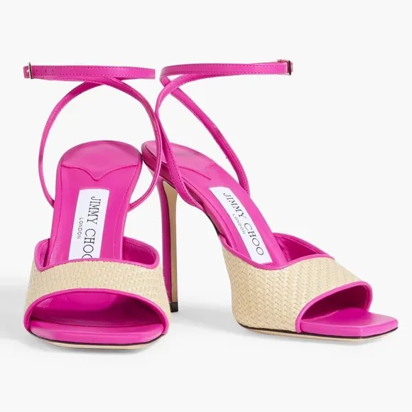 Jimmy Choo Zula 100 Magenta and Tan Leather Trimmed Raffia Heeled Sandals