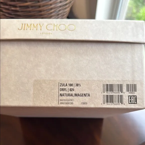 Jimmy Choo Zula 100 Magenta and Tan Leather Trimmed Raffia Heeled Sandals
