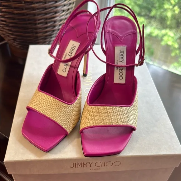 Jimmy Choo Zula 100 Magenta and Tan Leather Trimmed Raffia Heeled Sandals
