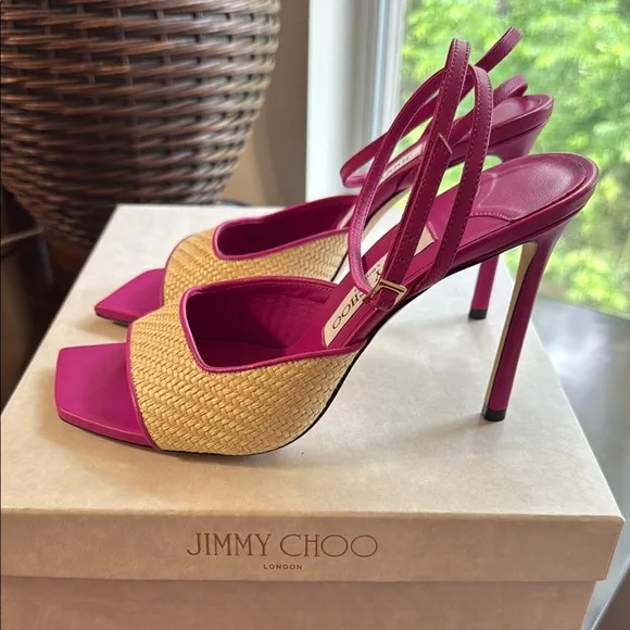 Jimmy Choo Zula 100 Magenta and Tan Leather Trimmed Raffia Heeled Sandals