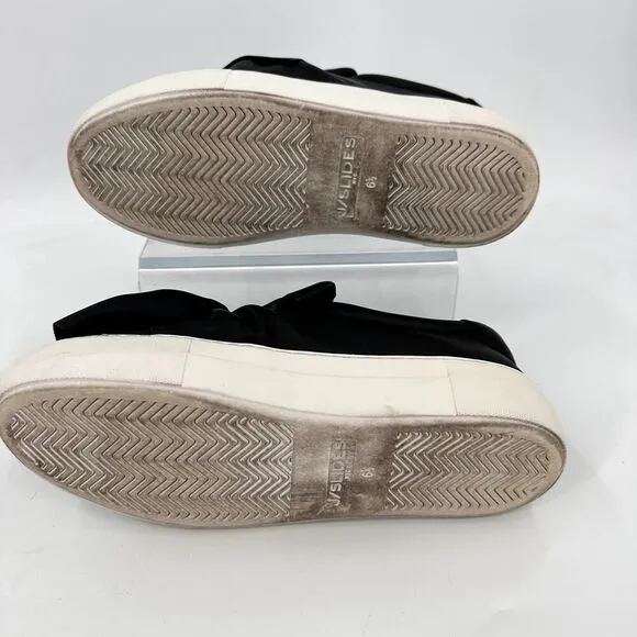 J Slides Beauty Bow Top Sneaker Slip On Platform Black Leather Size 6.5 Chunky