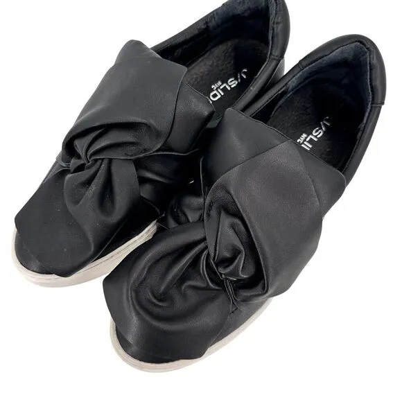 J Slides Beauty Bow Top Sneaker Slip On Platform Black Leather Size 6.5 Chunky