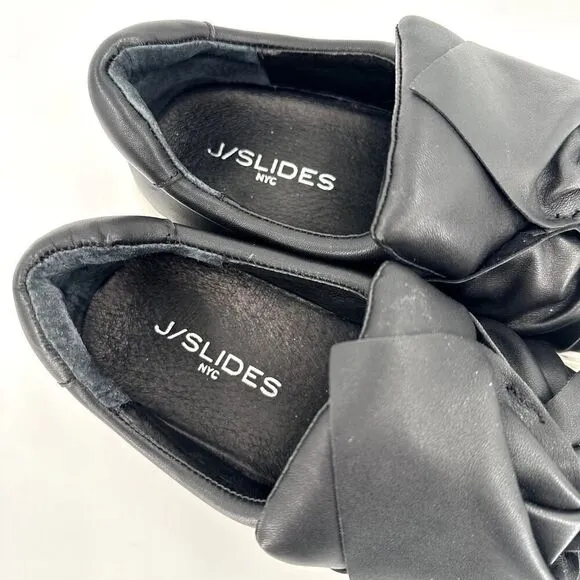 J Slides Beauty Bow Top Sneaker Slip On Platform Black Leather Size 6.5 Chunky