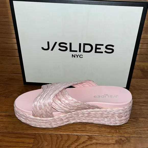 J/Slides Pink Quilla Espadrilles Platform Sandals Raffia Braided Women’s Size 8
