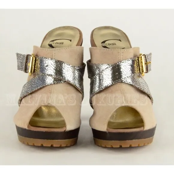 JUST CAVALLI BY ROBERTO CAVALLI SHOES WOODEN CLOGS MULES SUEDE LEATHER 36.5 6.5