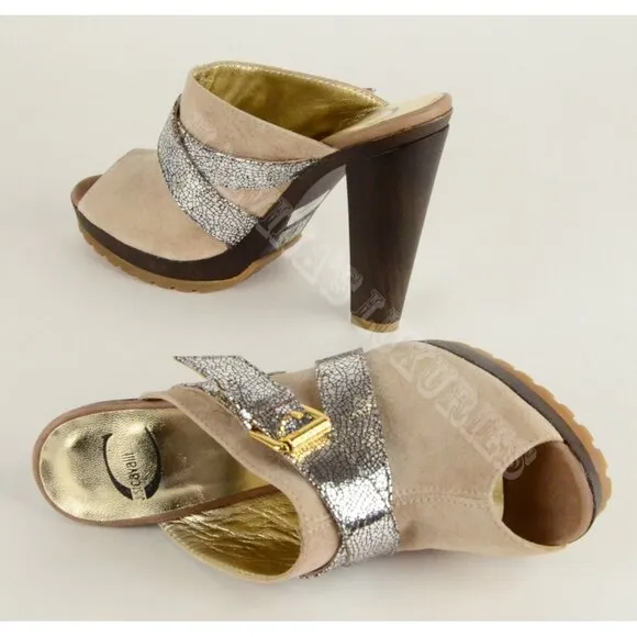 JUST CAVALLI BY ROBERTO CAVALLI SHOES WOODEN CLOGS MULES SUEDE LEATHER 36.5 6.5