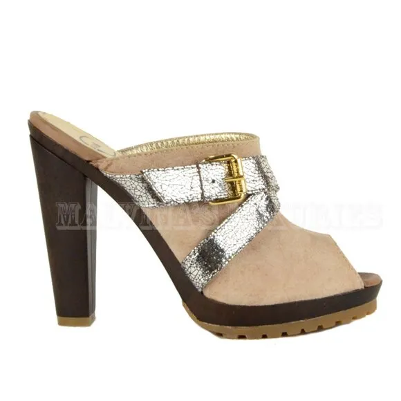 JUST CAVALLI BY ROBERTO CAVALLI SHOES WOODEN CLOGS MULES SUEDE LEATHER 36.5 6.5