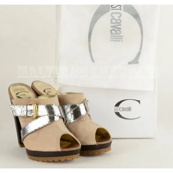 JUST CAVALLI BY ROBERTO CAVALLI SHOES WOODEN CLOGS MULES SUEDE LEATHER 36.5 6.5