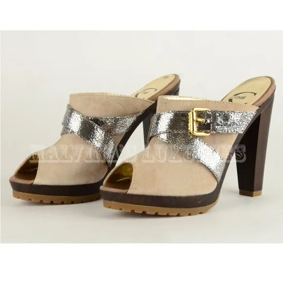 JUST CAVALLI BY ROBERTO CAVALLI SHOES WOODEN CLOGS MULES SUEDE LEATHER 36.5 6.5