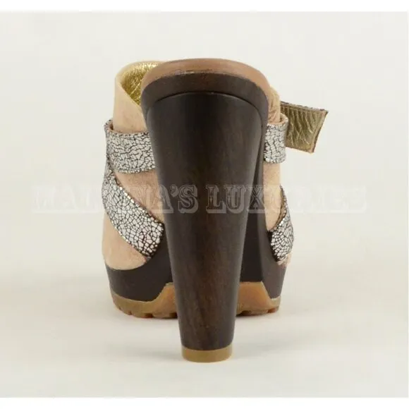JUST CAVALLI BY ROBERTO CAVALLI SHOES WOODEN CLOGS MULES SUEDE LEATHER 36.5 6.5