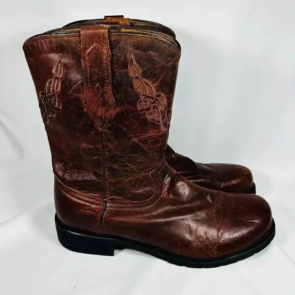 Justin Boots Size 12C Men’s Cowboy Boots Leather Western Brown Embroidered Round