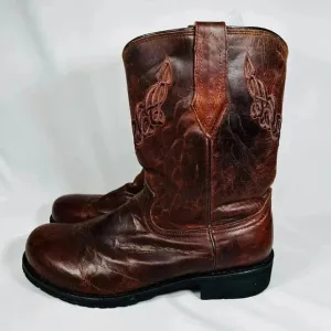 Justin Boots Size 12C Men’s Cowboy Boots Leather Western Brown Embroidered Round