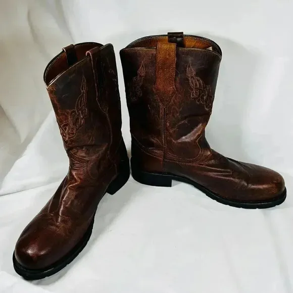 Justin Boots Size 12C Men’s Cowboy Boots Leather Western Brown Embroidered Round