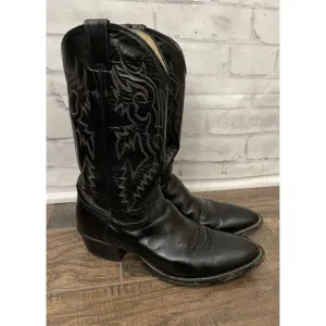 Justin Made In‎ USA Classic Black Leather Cowboy Boots Men Size 10.5D Red Stitch