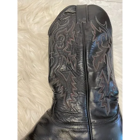 Justin Made In‎ USA Classic Black Leather Cowboy Boots Men Size 10.5D Red Stitch