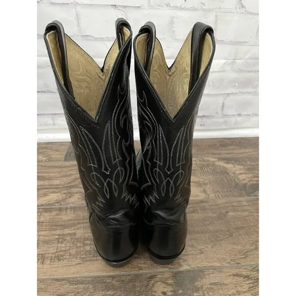 Justin Made In‎ USA Classic Black Leather Cowboy Boots Men Size 10.5D Red Stitch