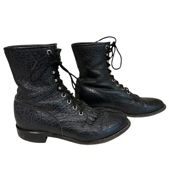 Justin Vintage 522 Lacer Brahma Black Western Kiltie Roper Boots Size 7.5D