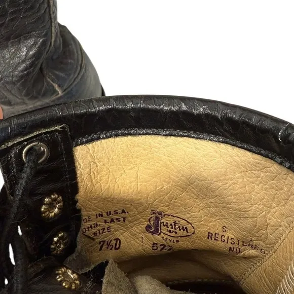 Justin Vintage 522 Lacer Brahma Black Western Kiltie Roper Boots Size 7.5D