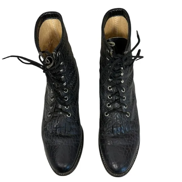 Justin Vintage 522 Lacer Brahma Black Western Kiltie Roper Boots Size 7.5D