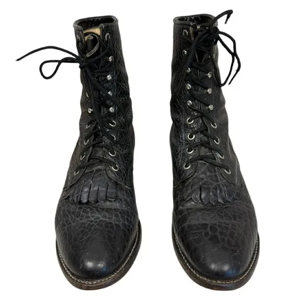 Justin Vintage 522 Lacer Brahma Black Western Kiltie Roper Boots Size 7.5D