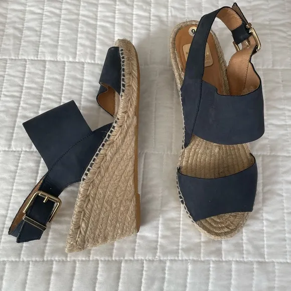 Kanna Espadrilles Jute Wedge Sandals Leather Navy Blue Womens 9.5 EU 40 Spain