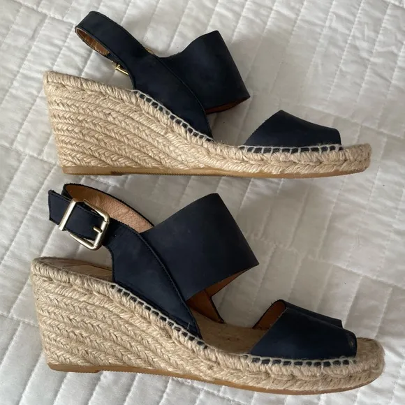 Kanna Espadrilles Jute Wedge Sandals Leather Navy Blue Womens 9.5 EU 40 Spain