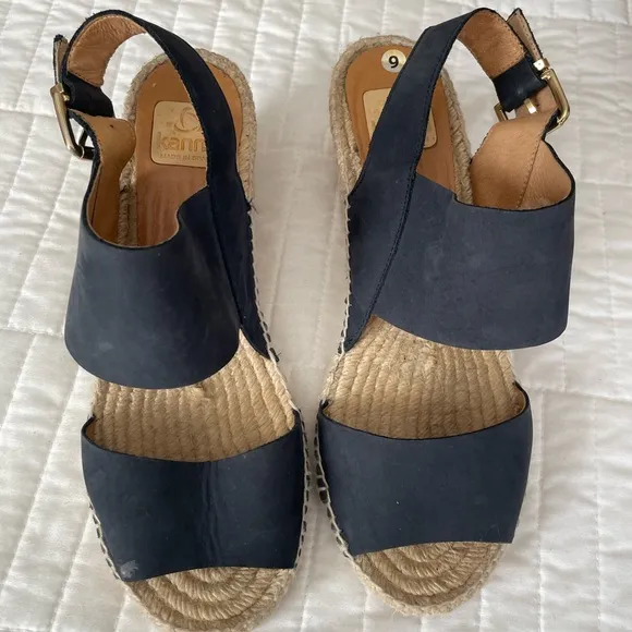Kanna Espadrilles Jute Wedge Sandals Leather Navy Blue Womens 9.5 EU 40 Spain