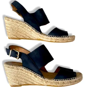 Kanna Espadrilles Jute Wedge Sandals Leather Navy Blue Womens 9.5 EU 40 Spain