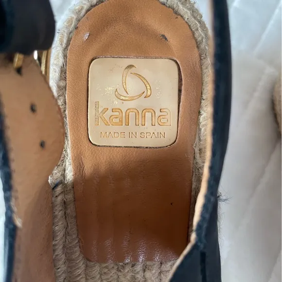 Kanna Espadrilles Jute Wedge Sandals Leather Navy Blue Womens 9.5 EU 40 Spain