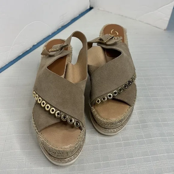 Kanna taupe leather crisscross grommet lined wedge Espriella sandals
