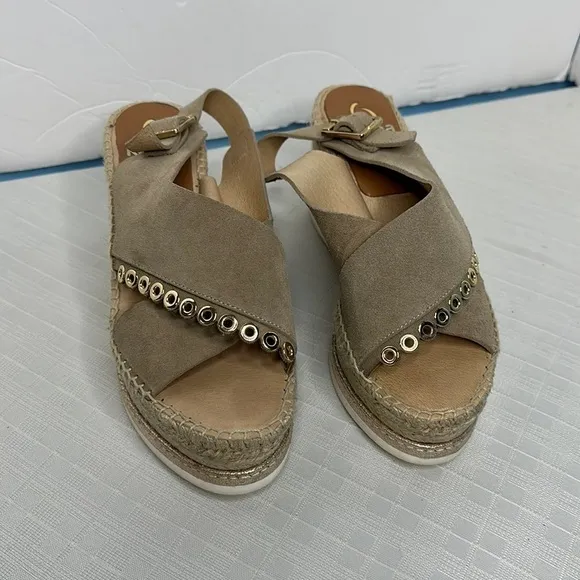 Kanna taupe leather crisscross grommet lined wedge Espriella sandals