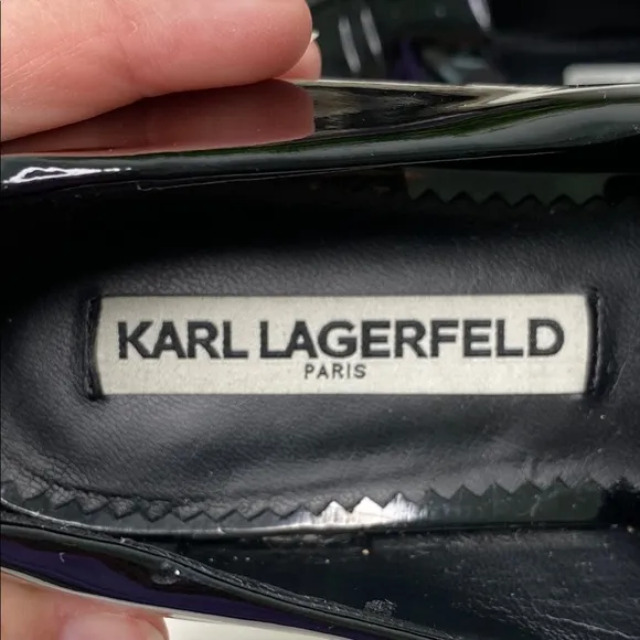 Karl Lagerfeld Black Patent Kid Loafers (Nikki) with Gold Chain Size 8