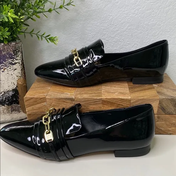 Karl Lagerfeld Black Patent Kid Loafers (Nikki) with Gold Chain Size 8