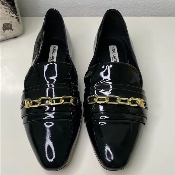 Karl Lagerfeld Black Patent Kid Loafers (Nikki) with Gold Chain Size 8