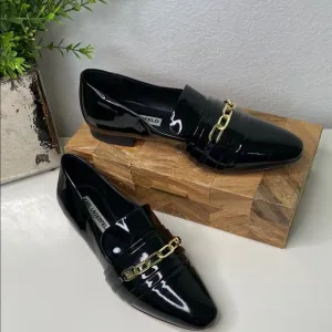 Karl Lagerfeld Black Patent Kid Loafers (Nikki) with Gold Chain Size 8