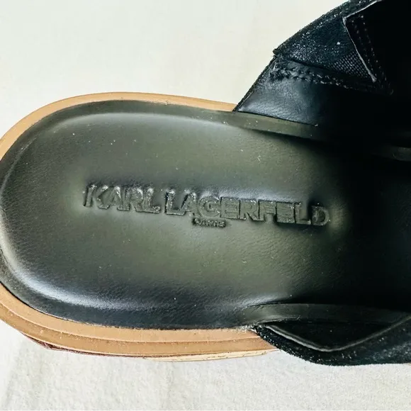 KARL LAGERFELD Women’s Clarina Black Leather Slip on Platform Sandals, Size 8.5