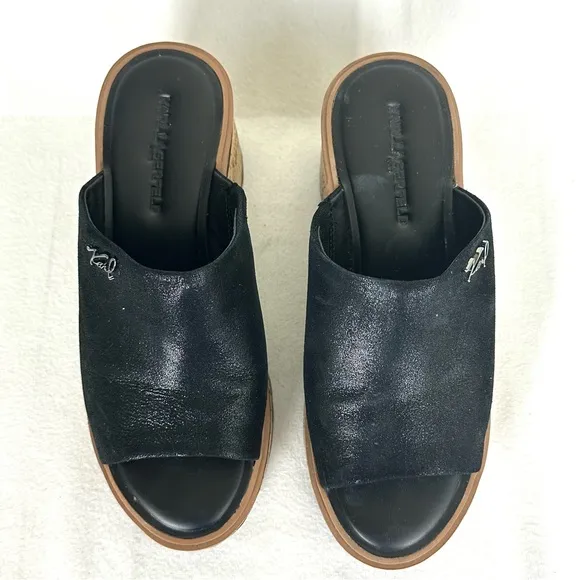 KARL LAGERFELD Women’s Clarina Black Leather Slip on Platform Sandals, Size 8.5