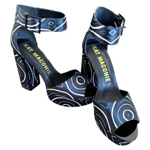 Kat Maconie Angel/Black Printed Satin Chunky High Heel Shoes Authentic size US 9