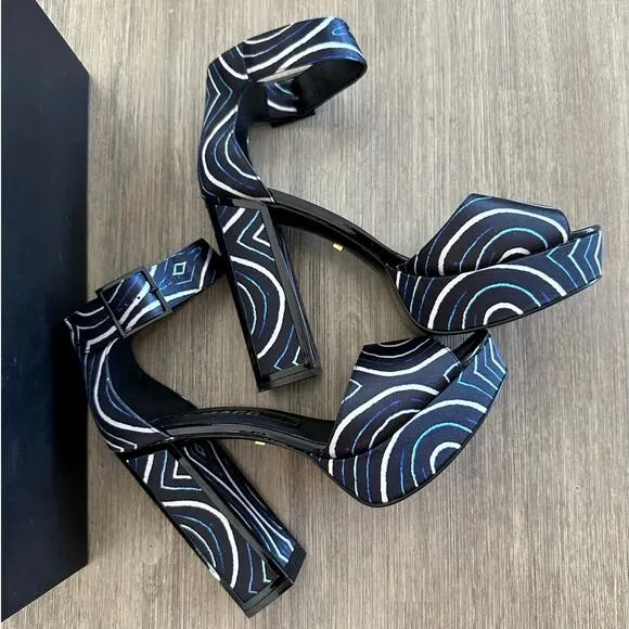 Kat Maconie Angel/Black Printed Satin Chunky High Heel Shoes Authentic size US 9
