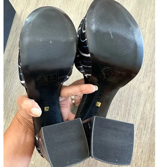 Kat Maconie Angel/Black Printed Satin Chunky High Heel Shoes Authentic size US 9
