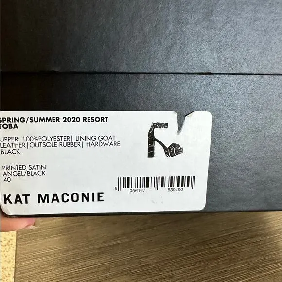 Kat Maconie Angel/Black Printed Satin Chunky High Heel Shoes Authentic size US 9