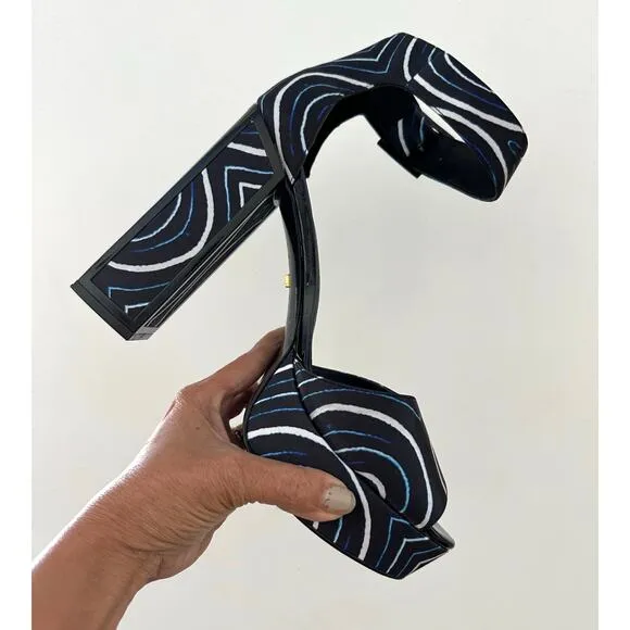 Kat Maconie Angel/Black Printed Satin Chunky High Heel Shoes Authentic size US 9
