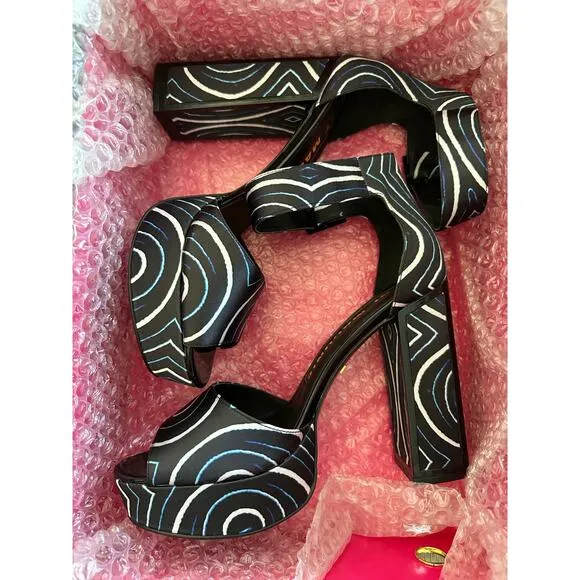 Kat Maconie Angel/Black Printed Satin Chunky High Heel Shoes Authentic size US 9