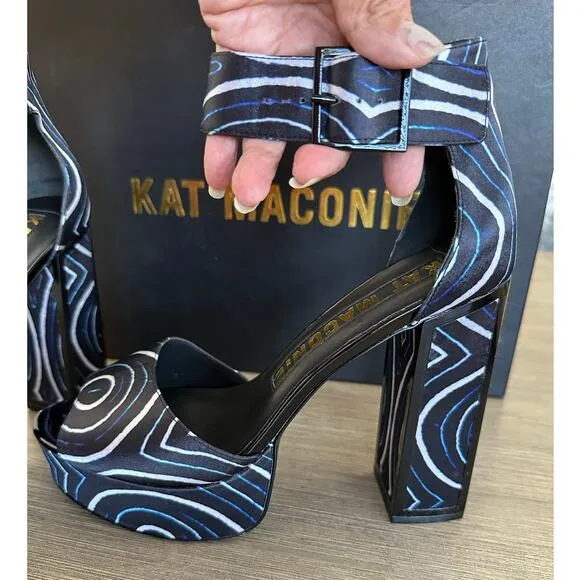 Kat Maconie Angel/Black Printed Satin Chunky High Heel Shoes Authentic size US 9