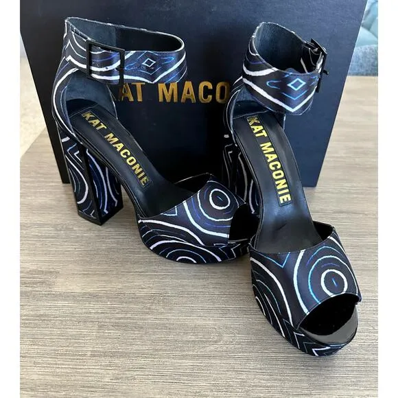 Kat Maconie Angel/Black Printed Satin Chunky High Heel Shoes Authentic size US 9