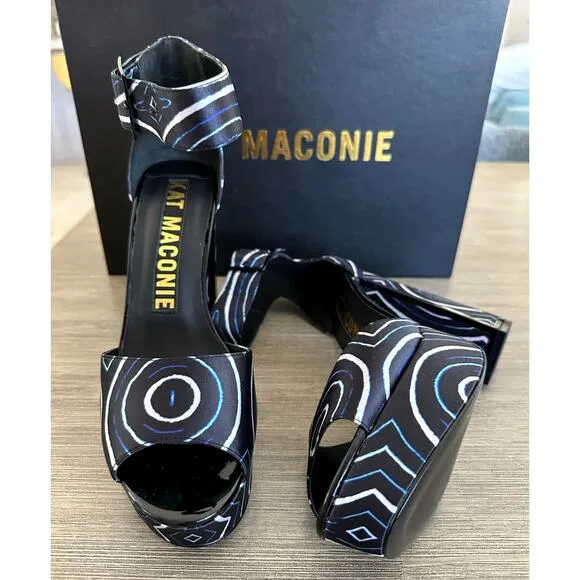Kat Maconie Angel/Black Printed Satin Chunky High Heel Shoes Authentic size US 9